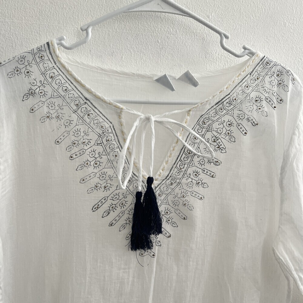 NEW Bohemian Kaftan swim cover up White Blue SMALL/MEDIUM bell sleeves - Picture 3 of 10